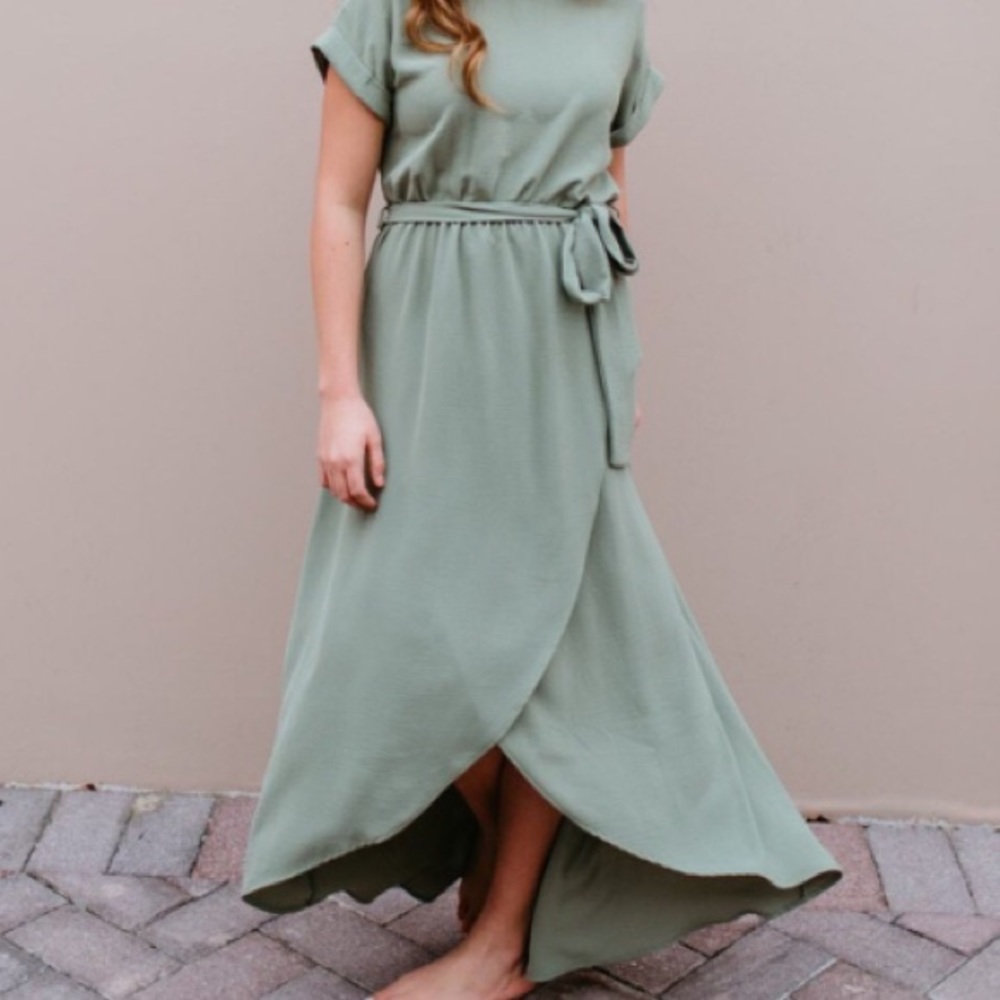 Sage green faux wrap dress.
